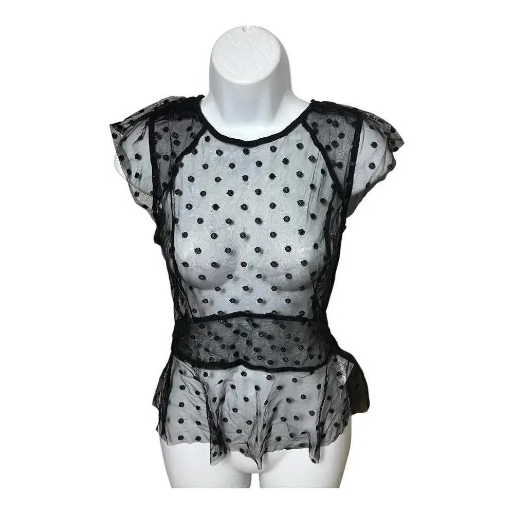 J Crew Blouse Womens Black‎ Cap Sleeve Top Dotted Tulle Sheer Polka Dot Size 00